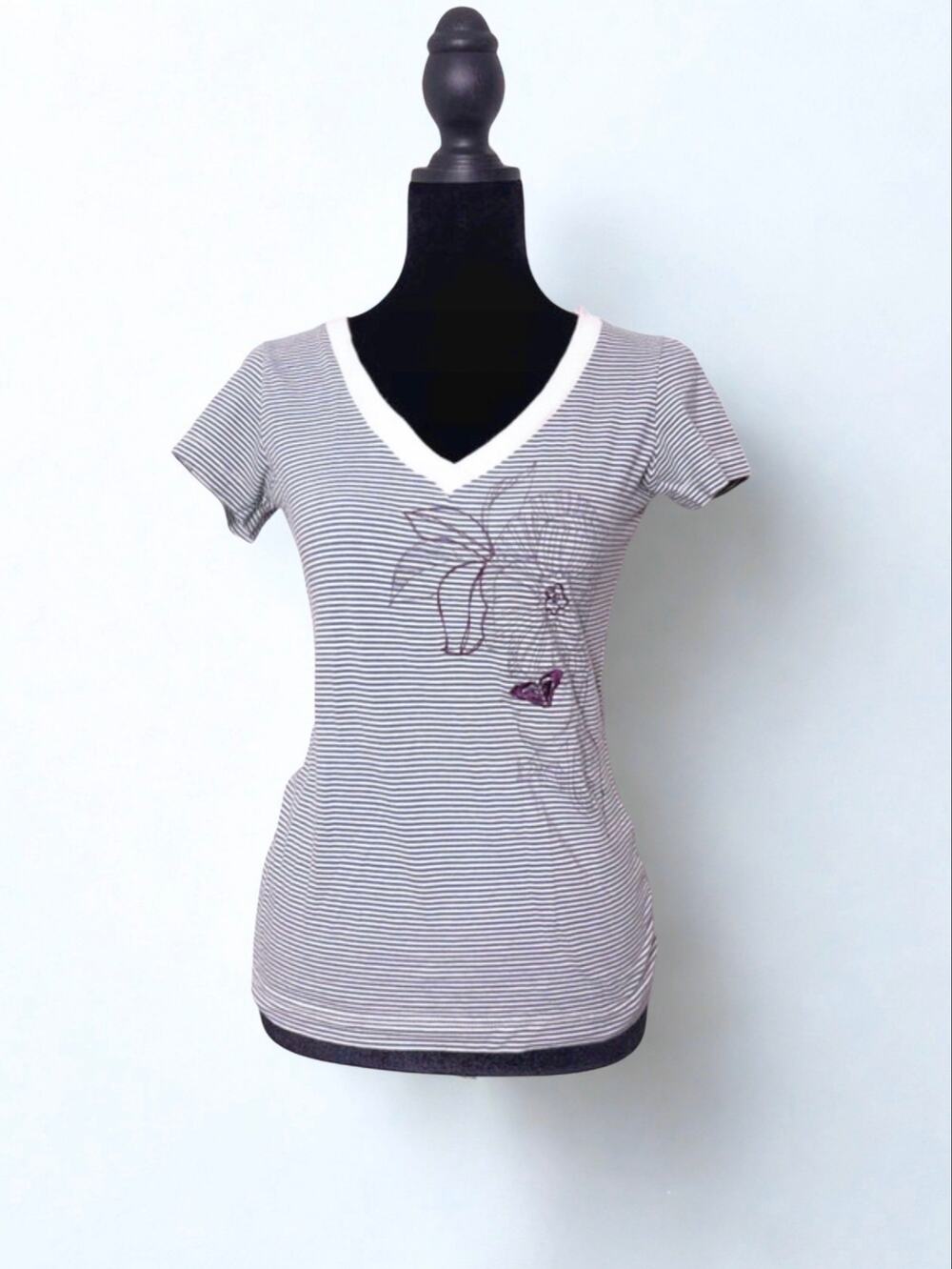 Vtg Y2K Roxy Navy White Striped V Neck Fitted Baby Tee Logo Embroidery Size S